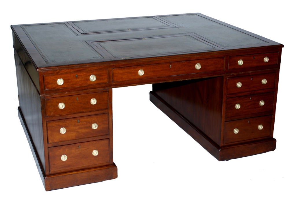 Mahogany Partner’s Pedestal Desk signed “J.Beardmore, London” on lock, 19th Century, the molded rectangular sectioned top with olive gilt-tooled leather writing surface containing twin reading supports above frieze drawers, the kneehole flanked by