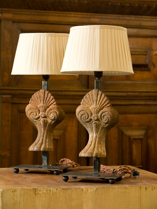 Pair Belgian antique iron pieces as lamps