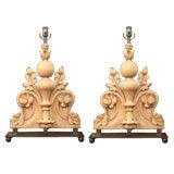 pair Antique Belgian carved wood table lamps