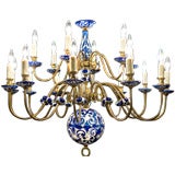 Cobalt blue and brass Flemish chandelier with 2 tiers and 18 arm