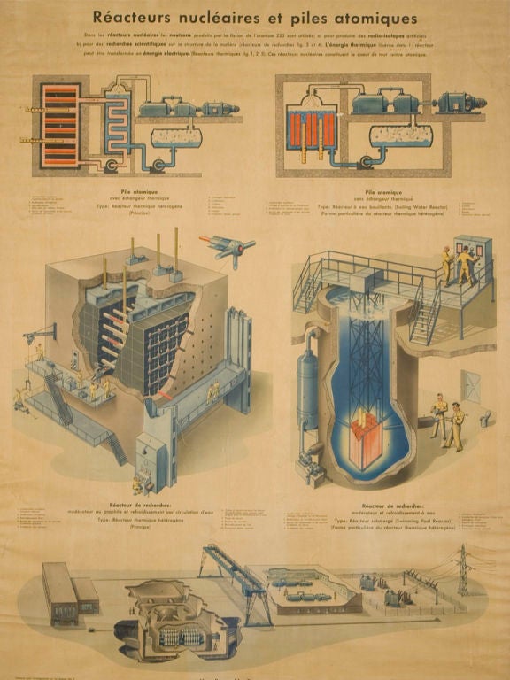 Mid-Century Modern Framed Lithograph of a Nuclear Reactor from France, circa 1960
