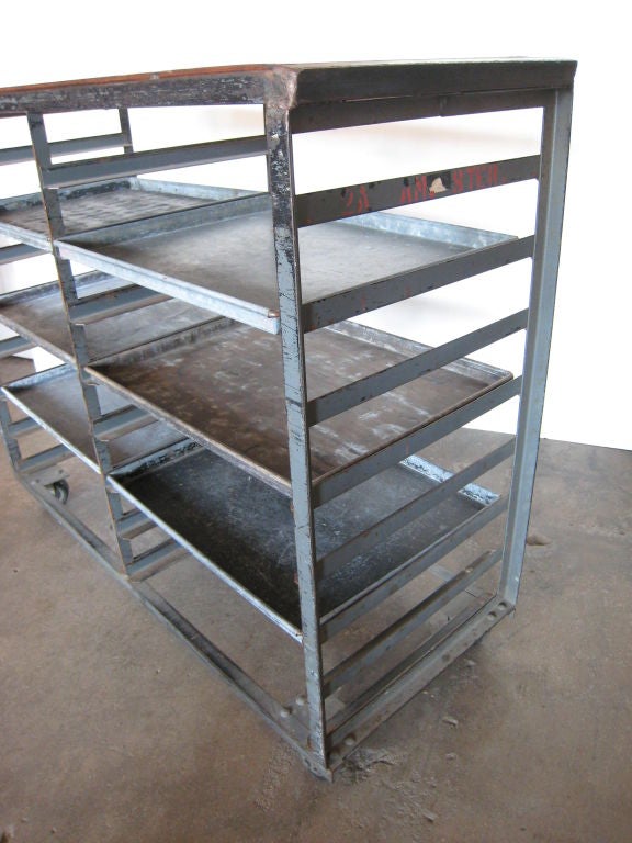 vintage bakery cart on wheels with 6 adjustable trays, wood top