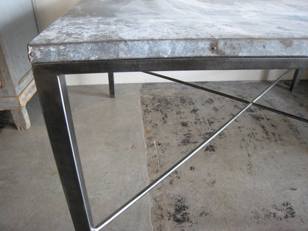 vintage galvanized table top on new custom steel base