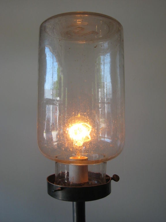 floor lamp from vintage storage jar, inverted on custom steel base, newly wired, priced individually