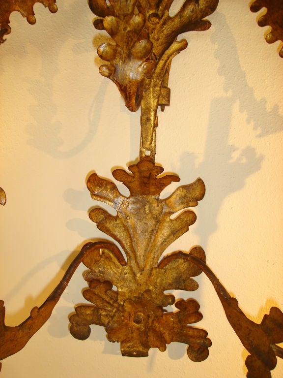 Pair of Large Italian Gilded Tole and Iron Sconces
