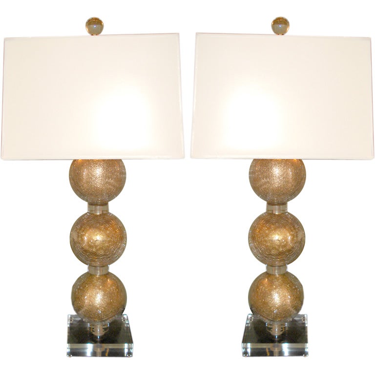 Pair of Paul Hanson Gold Crackle Balls Lamps