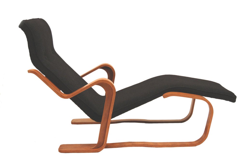Breuer's famous chaise with upholstered seat and bent birch frame. Nice patina to wood. This piece vintage late 1950's to early 1960's. Made by Isokon.