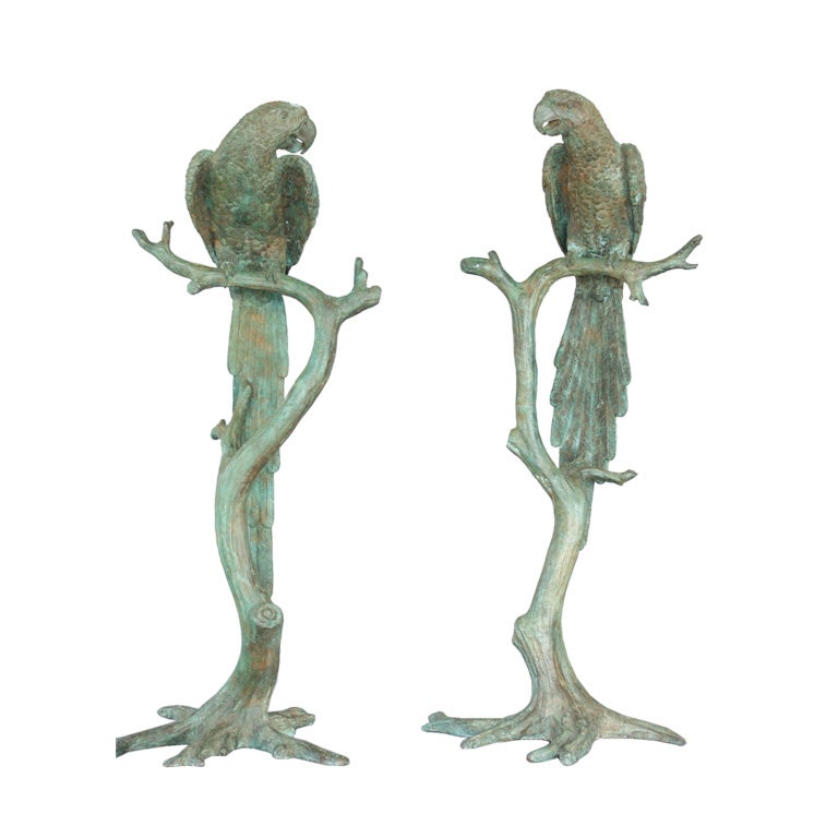 Pair of Brass Patinated Parrots signed