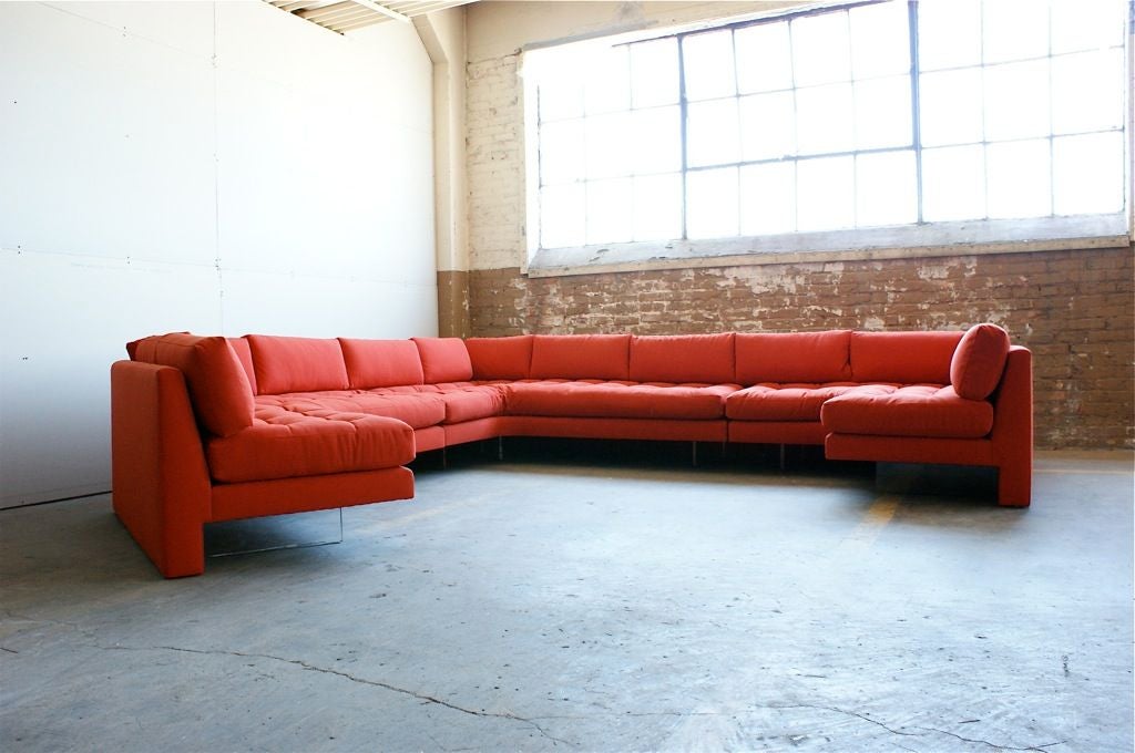 Three piece sectional sofa designed by 1st dibs featured designer Mr. Vladimir Kagan<br />
This sofa has been reupholstered in Knoll UNA fabric: designed by Suzanne Tick color Persimmon,nylon and elastin blend.