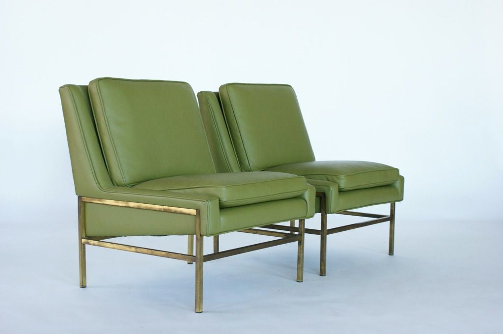 Harvey Probber Spinneybeck Olive leather and brass slipper chairs