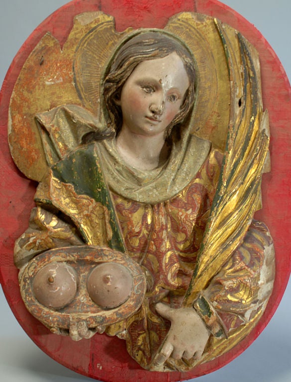 Carved 18th Century Spanish Colonial Gilt-Wood Plaque - St. Agatha