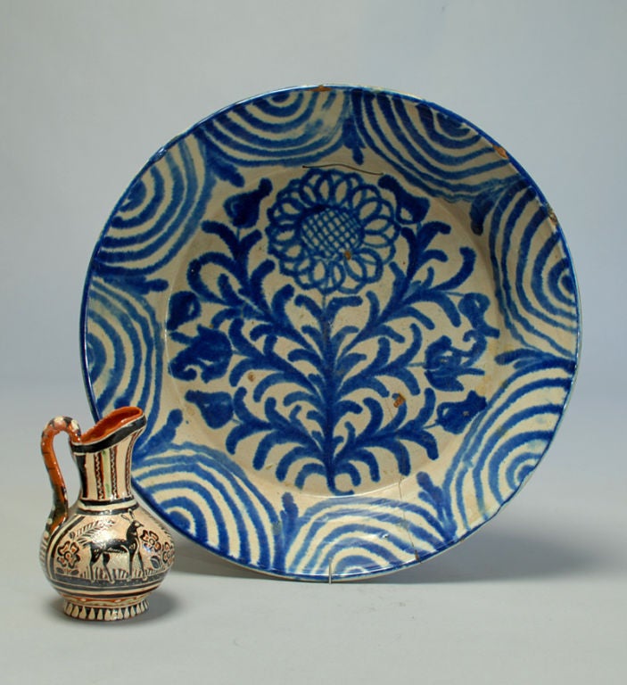 19th Century Large Antique Spanish Talavera Blue on White Granadino Charger