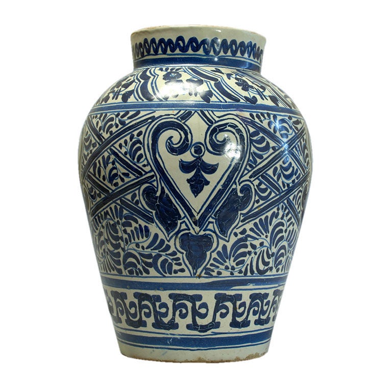 Rare Mexican Talavera Poblana Blue on White Jar