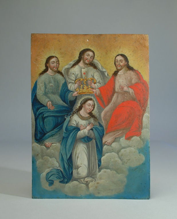 A 19th century Mexican retablo on heavy gauge tin. The Coronation of the Virgin with the Holy Trinity above.