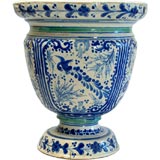 Antique Mexican Talavera Poblana Blue on White Urn