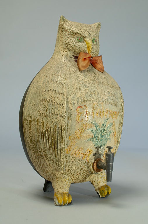This large ceramic owl, inscribed and dated 1949, is a mescal keg from Oaxaca. Mescal, for those who are unfamiliar, is a traditional Mexican spirit made from the agave plant (pictured in green just above the pewter tap). The inscription on the