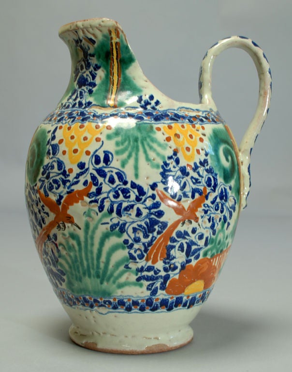 Superb Antique Mexican Talavera Poblana Handled Pitcher In Excellent Condition In San Francisco, CA