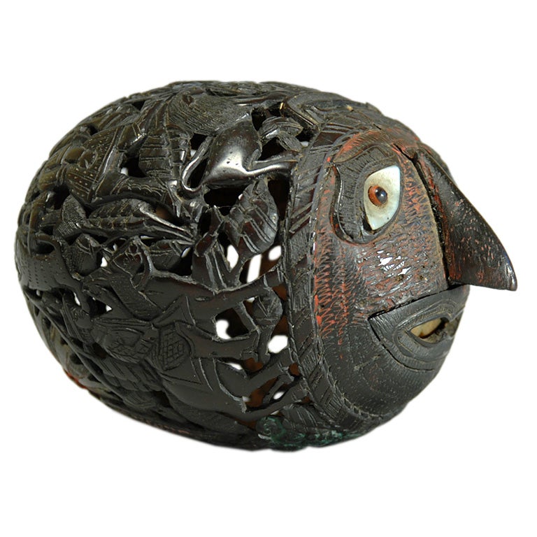 Antique Mexican Fret Carved Coconut Bank