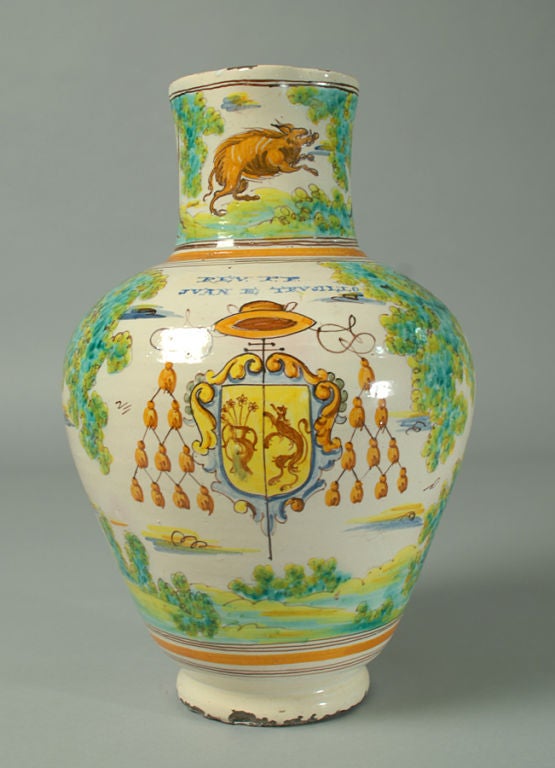 A rare, large 19th century Spanish talavera armorial pitcher - circa 1850.<br />
<br />
Dimensions: approximately 15.5 inches tall.