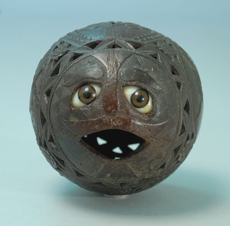 Antique Mexican Scrimshaw Carved Coconut Bank