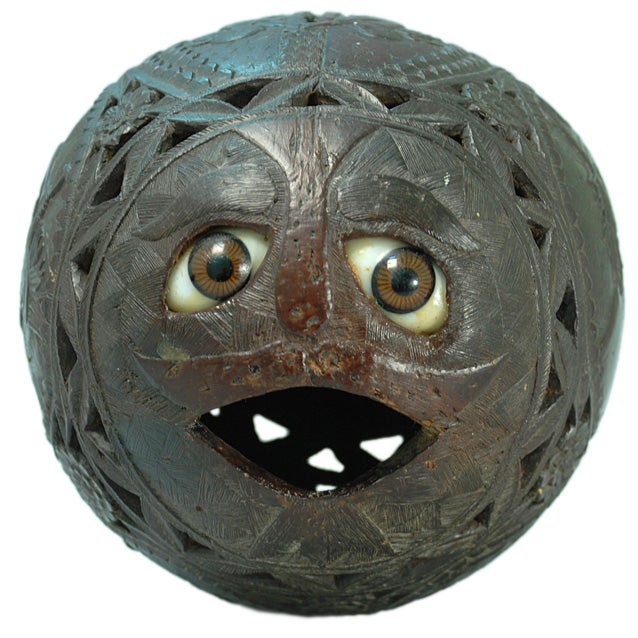 Antique Mexican Scrimshaw Carved Coconut Bank