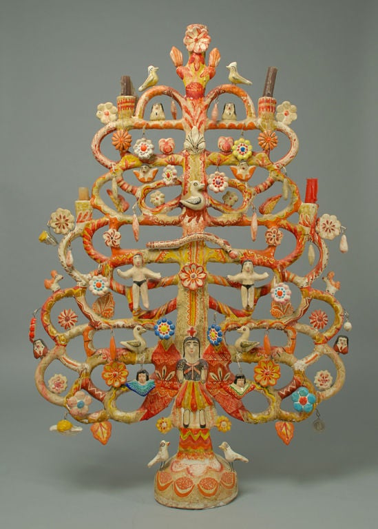 A superb 38 inch vintage Mexican tree of life candelabra with berries, standing birds, colorful flower blossoms and Adam and Eve in the Garden of Eden. Attributed to Aurelio Flores - Circa 1940's. Inscribed 