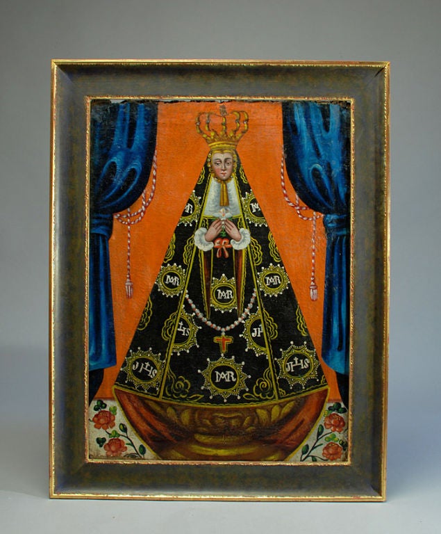 A very good, rare 18th century Spanish colonial oil on canvas which depicts NS de Soledad (Our Lady of Solitude) -- the patroness saint of Oaxaca.<br />
<br />
Dimensions: image size: 26 inches vertical x 18.5 inches horizontal. Framed dimensions