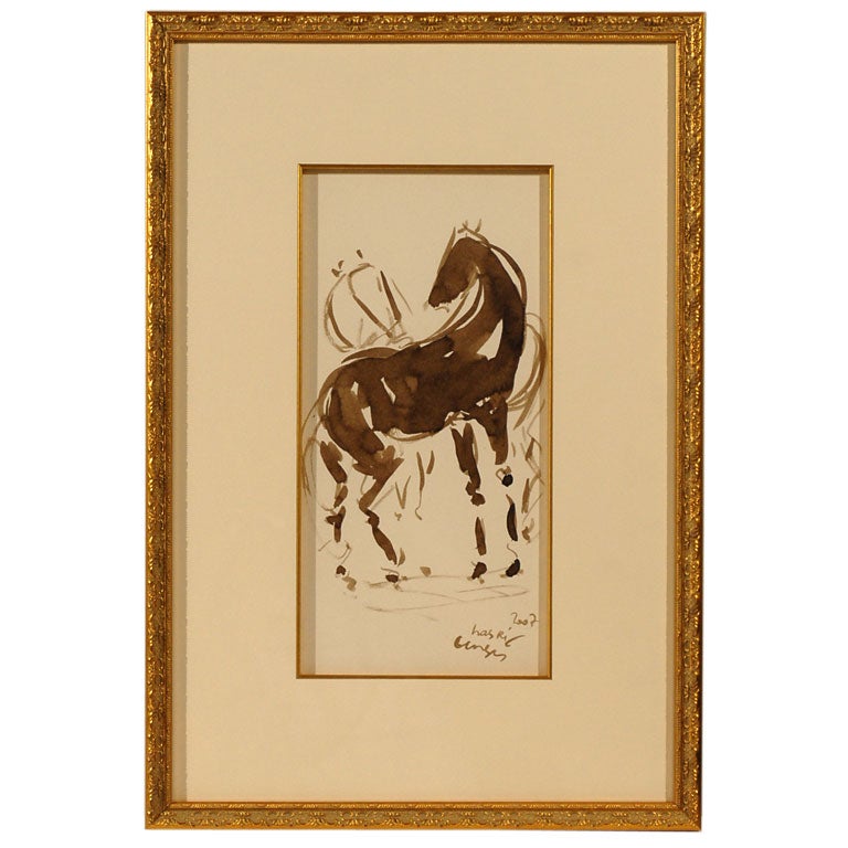 'Horses Black and White' watercolor by Georges Nasri