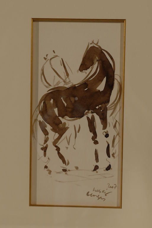 20th Century 'Horses Black and White' watercolor by Georges Nasri