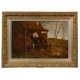 'Horses and Foal with Chickens in a Barnyard' 19th C. oil/canvas