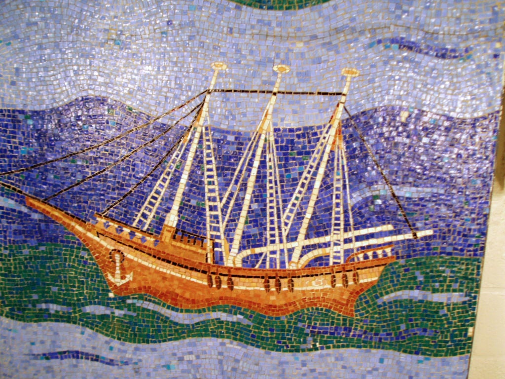 Large Mosiac Tile Ship Mural