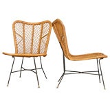 Matched pair of Bamboo Reed Wicker armless lounge height chairs