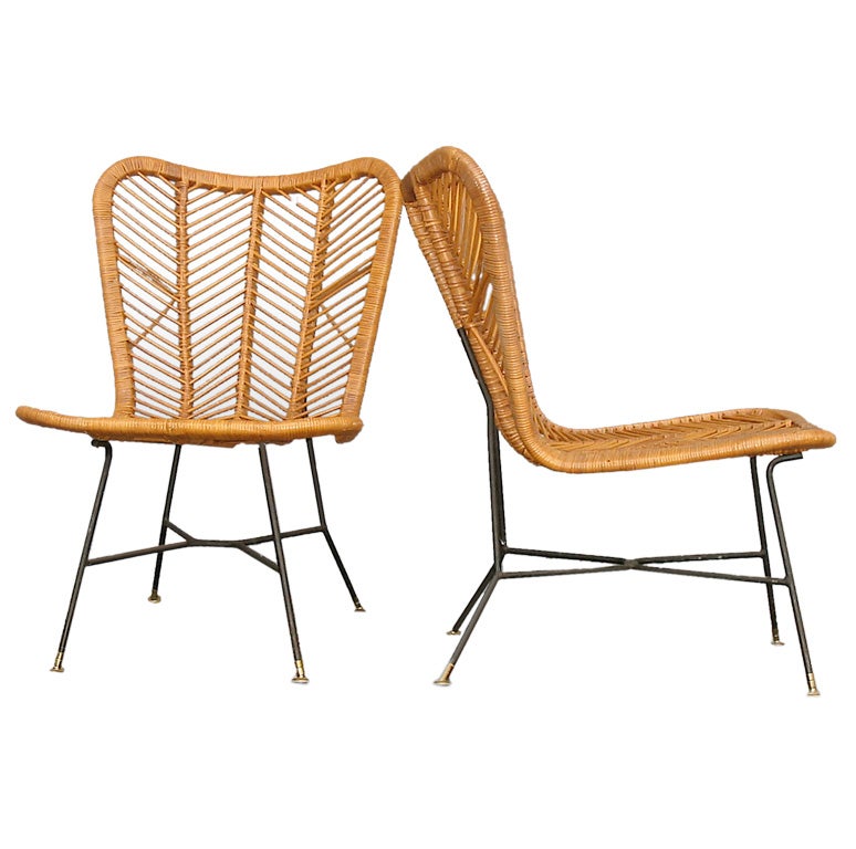 Matched pair of Bamboo Reed Wicker armless lounge height chairs