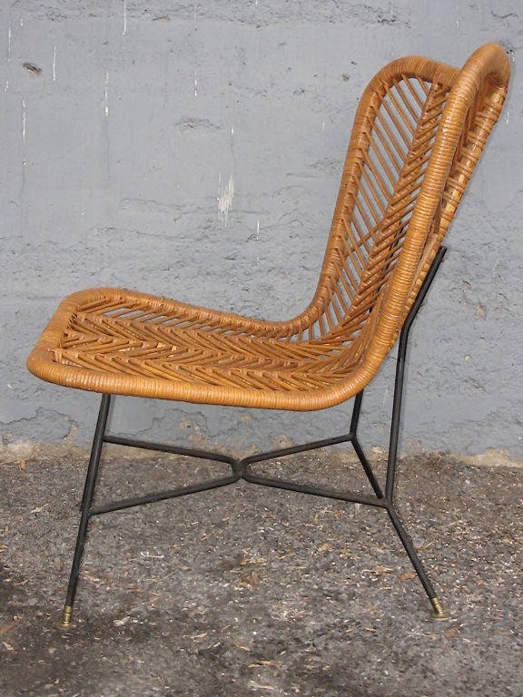 Matched pair of chic Bamboo Reed Wicker armless lounge height chairs