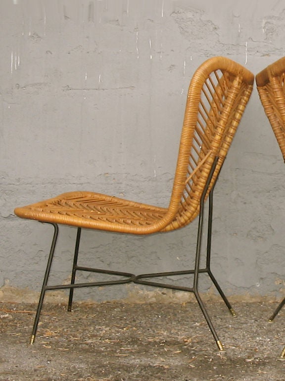 Matched pair of Bamboo Reed Wicker armless lounge height chairs 1