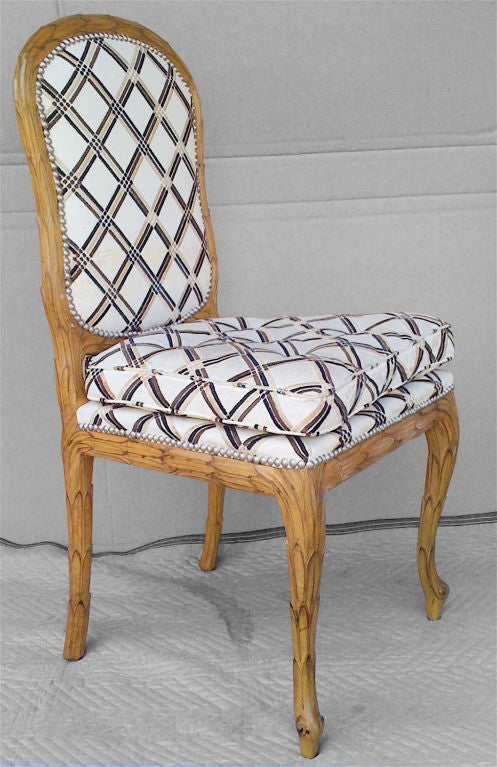 6 Piece Carved Wood Dining Chairs Attributed to Francis Elkins. Original fabric - embroidered coated fabric bi- color windowpane - on ivory ground, wear but usable, Finely carved wood frames in excellent condition. $350.00 each, $2100.00 set of 6