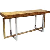 A Blonde Burled Wood Console Table with a Chrome Base