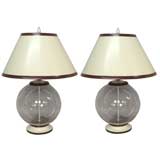 A pair of Large Glass Sphere Wood Base Lamps
