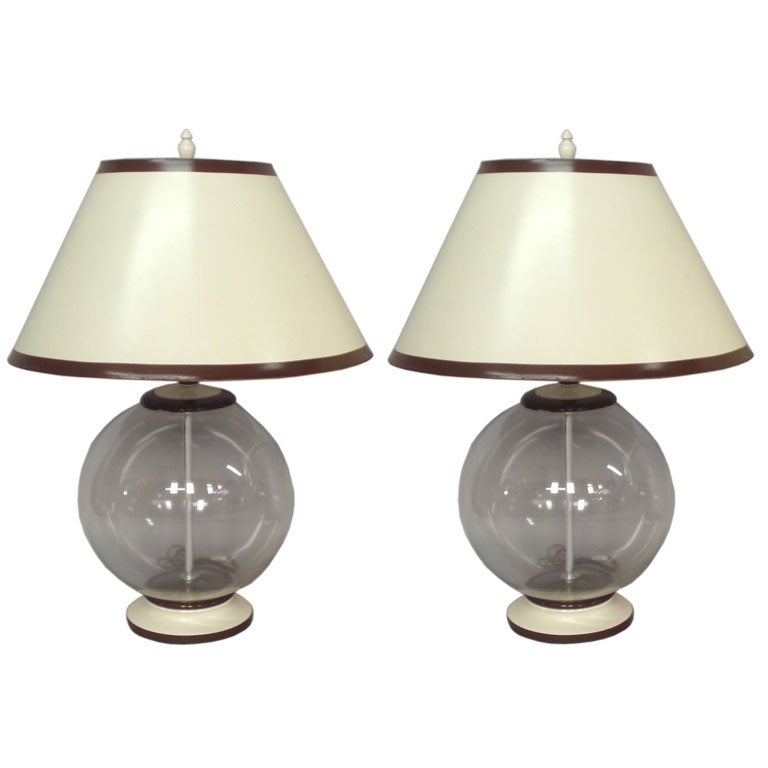 A pair of Large Glass Sphere Wood Base Lamps