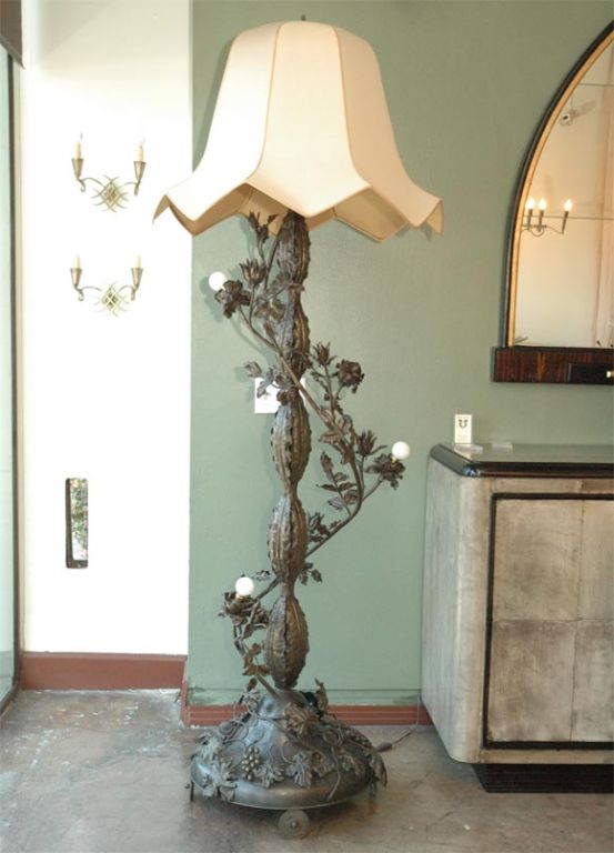 Dark brown patina wrought iron, brass ornate flowers and grapes floor lamp with four lights and large custom lamp shade.