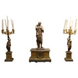 Neo Classic French Bronze Dore Marble Clock and Candelabra set