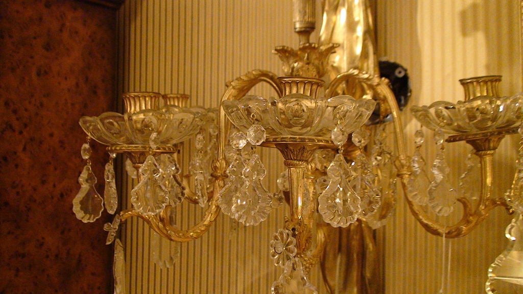 PAIR OF LOUIS XVI STYLE GILT BRONZE & CRYSTAL 4 LIGHT SCONCES