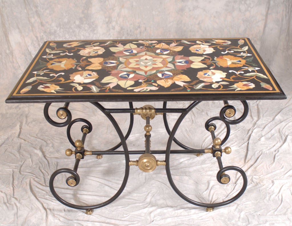 Italian Inlaid Marble Top, French Brass and Wrought Iron Table
