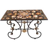 Italian Inlaid Marble Top, French Brass and Wrought Iron Table