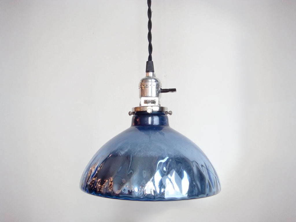 blue mercury Glass pendant light<br />
oil lamp shade :: blue mercury glass from late 1800's to early 20th century