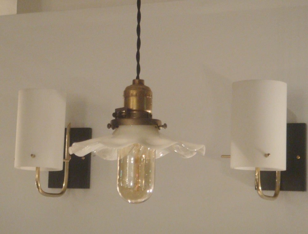 American Industrial Hanging Lights with Milk Glass Shades