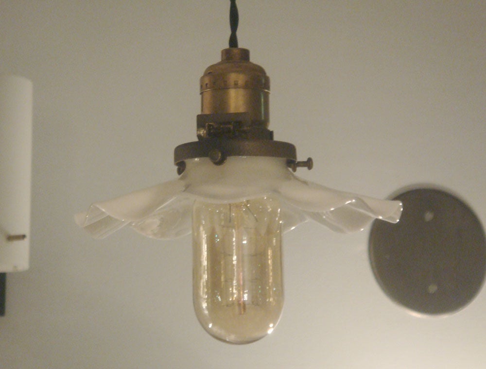 20th Century Industrial Hanging Lights with Milk Glass Shades