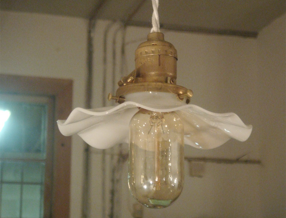 Brass Industrial Hanging Lights with Milk Glass Shades