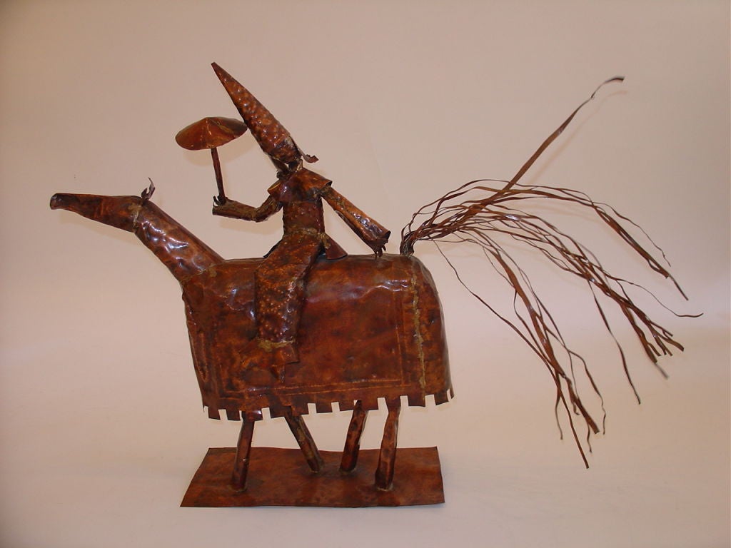 A mid century  whimsical copper sculpture of a man on a horse holding an umbrella. The tail is highly sculptural.