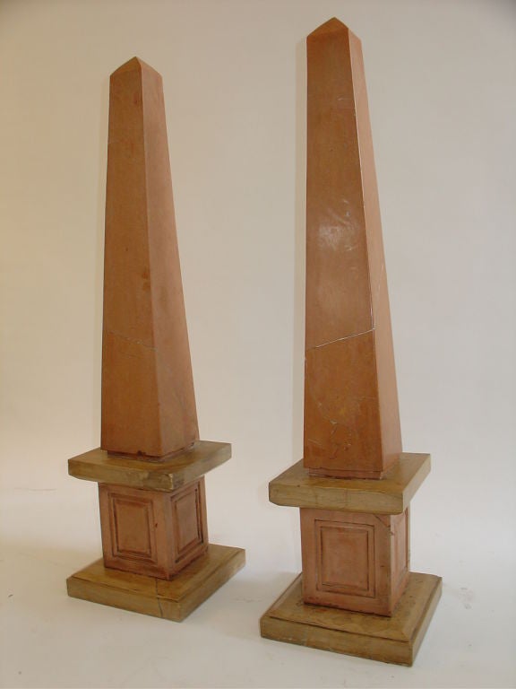 Pair of Nembro Rosato Large Marble Obelisks In Good Condition For Sale In Chicago, IL